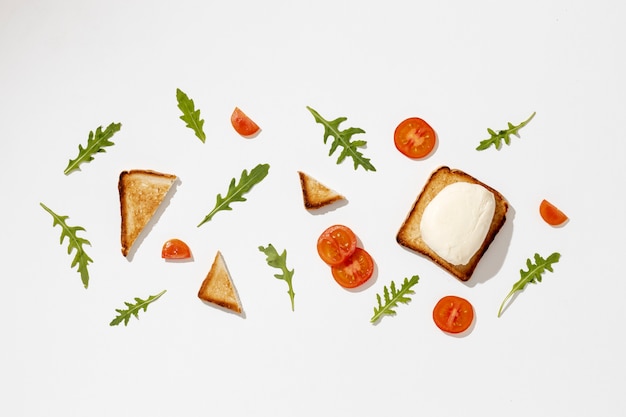 Top view toast bread and tomato slices