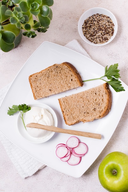 Free Photo top view of toast on plate with radish and apple