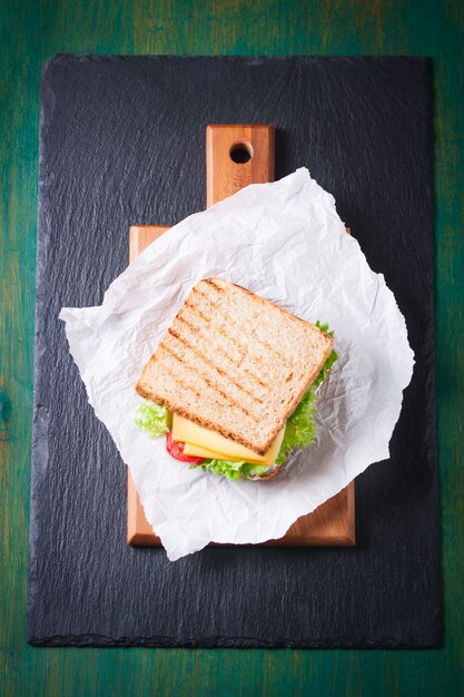 Top view of toasted sandwich with cheese