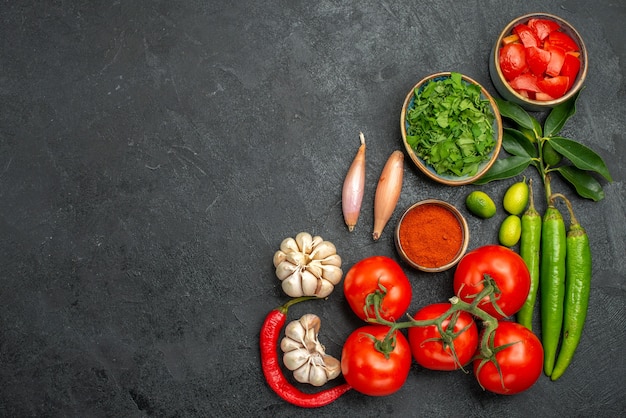 Top view of tomatoes garlic spices herbs hot peppers tomatoes on the dark table