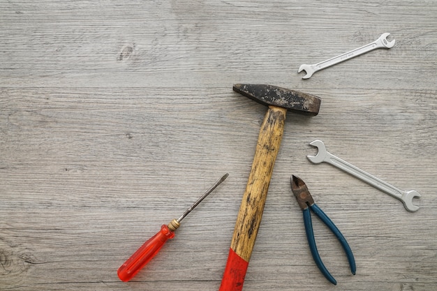 Top view of tools on wooden surface for father's day