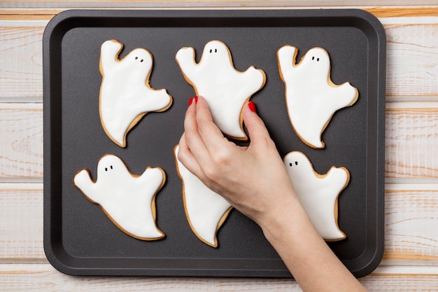 Free photo top view tray with treats for halloween