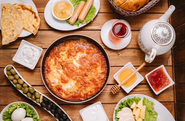 Top view of turkish breakfast setup