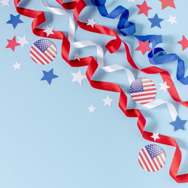 Free photo top view usa flag, ribbons and stars