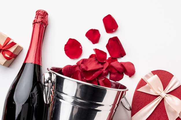 Top view valentine's day arrangement with champagne and glasses