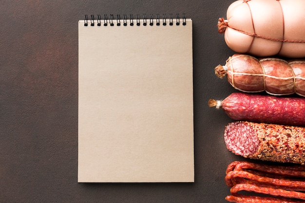 Top view variety of fresh pork meat on the table