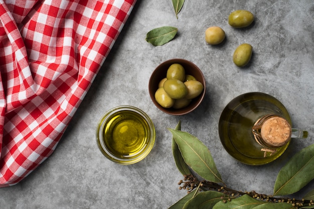 Top view variety of organic olives on the table