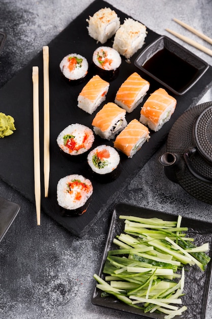 Top view variety of sushi on plate