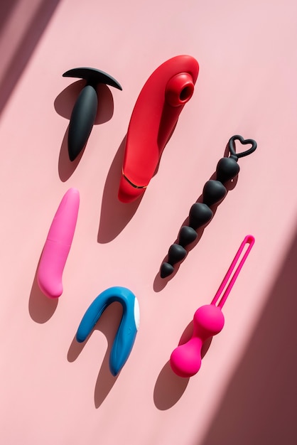 Top view on various sexual toys