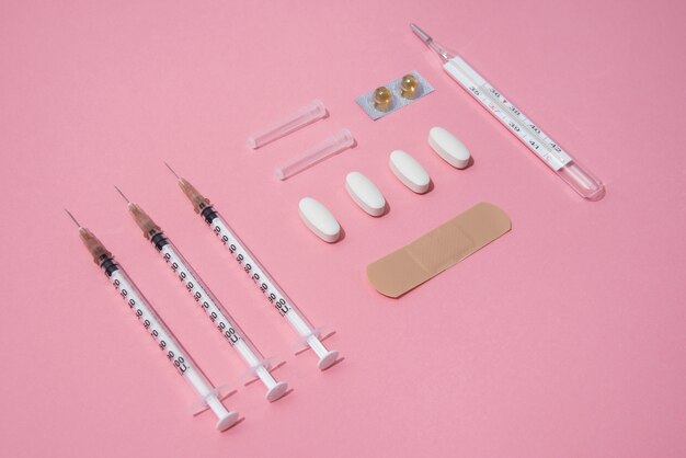 Top view on various syringes