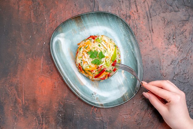 Top view vegetable salad round shaped inside plate on dark table