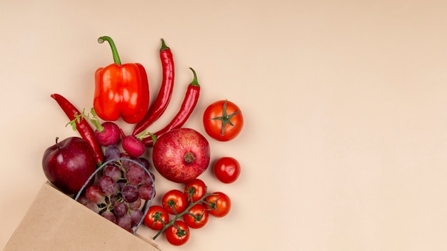 Top view vegetables and fruits arrangement