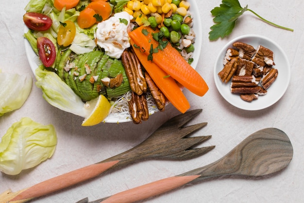 Top view of vegetables and walnuts