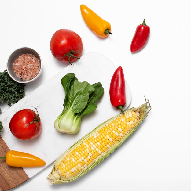 Top view veggies with salt