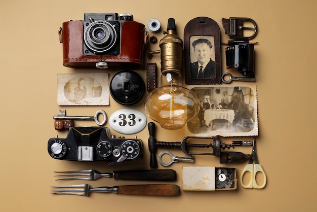 Top view vintage objects still life