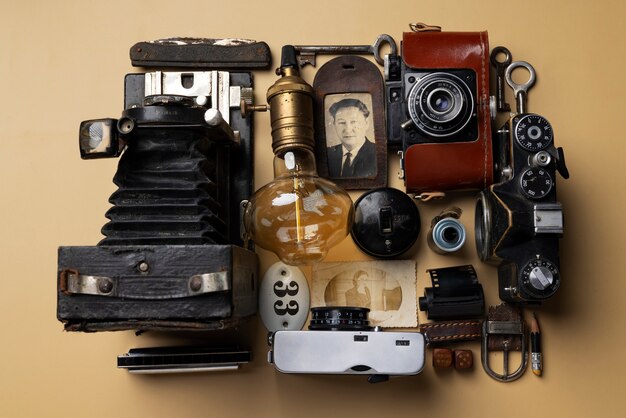 Top view vintage objects still life