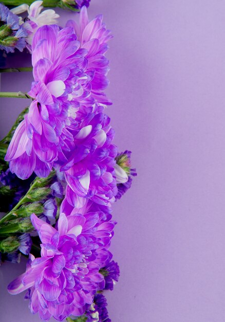 Top view of violet color chrysanthemum flowers bouquet isolated on lilac color background