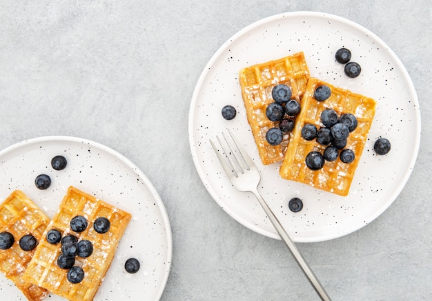 Top view waffle and blueberries