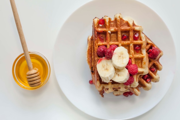 Top view waffle with honey