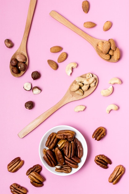 Top view of walnuts with almonds and cashews