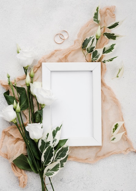 Top view wedding flowers with frame