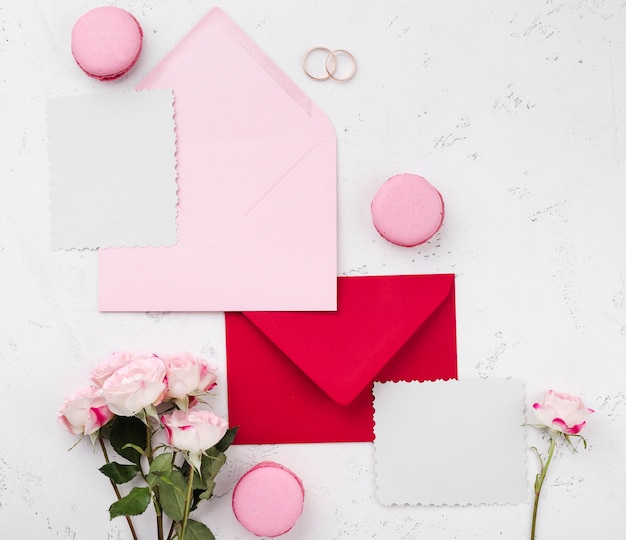 Top view wedding invitation in envelopes