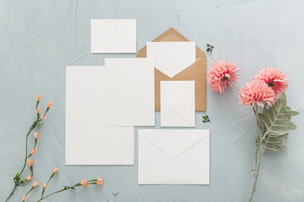 Top view of wedding invitation with copy space