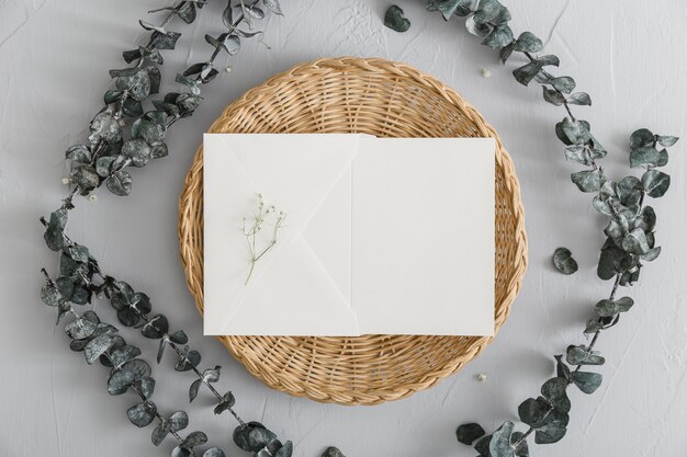 Top view of wedding invitation with copy space