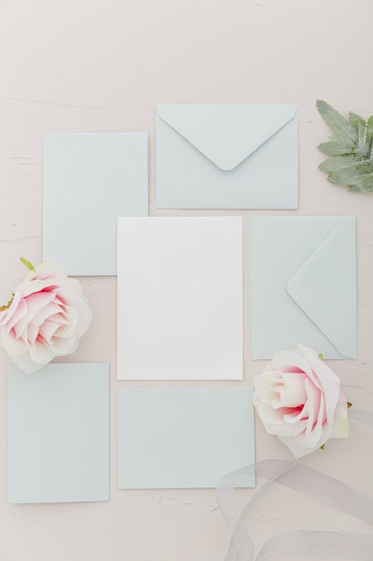 Top view of wedding invitation with copy space