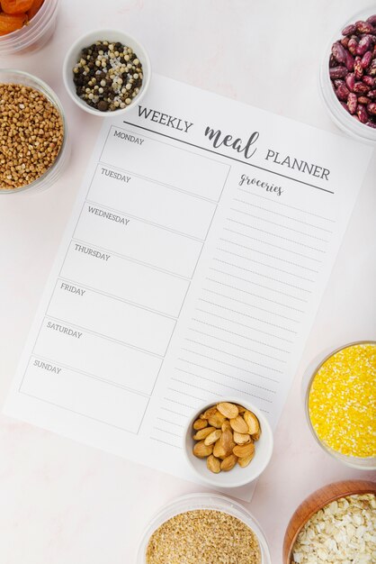 Top view of weekly meal planner