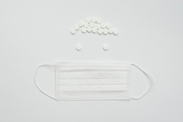 Top view white mask and pills