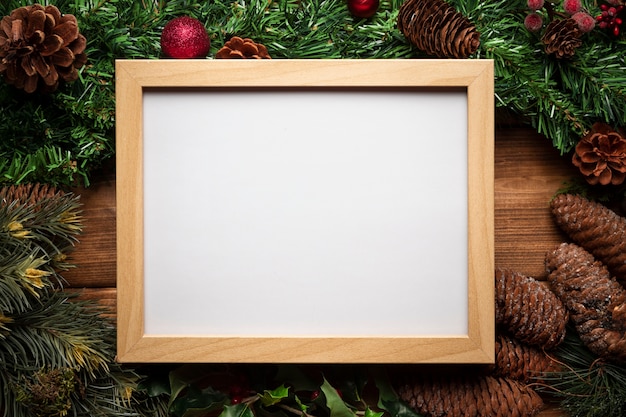 Free photo top view whiteboard with christmas decoration