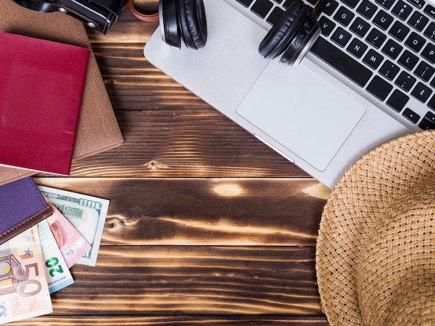 Top view with money on wooden background