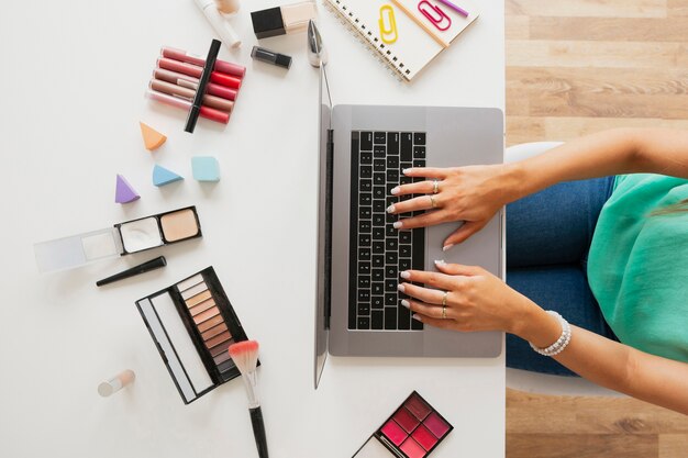 Top view woman at desk working