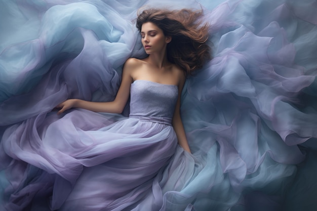 Free photo top view woman posing in ethereal environment