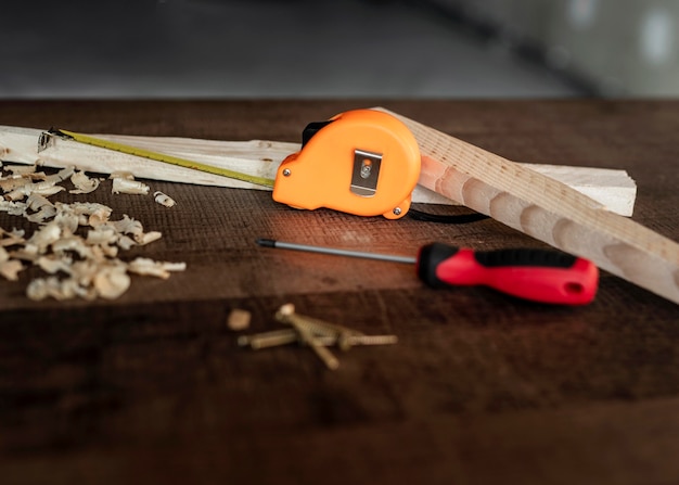 Free Photo top view wood tools on desk