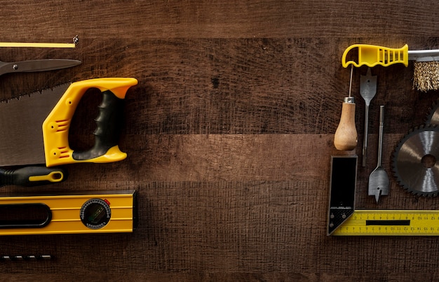 Top view wood tools on desk