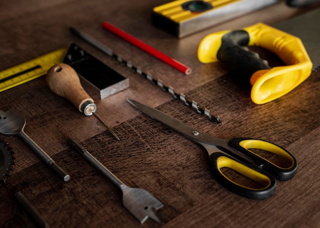 Top view wood tools on desk