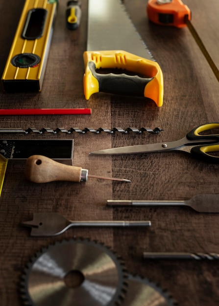 Free Photo top view wood tools on desk