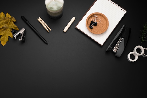 Top view of workspace with copy space and desk essentials