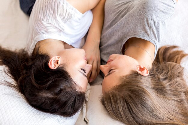 Top view young couple looking at each other