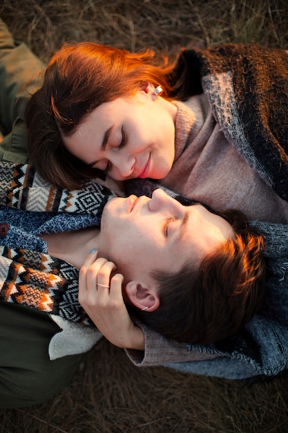 Free Photo top view young couple in love