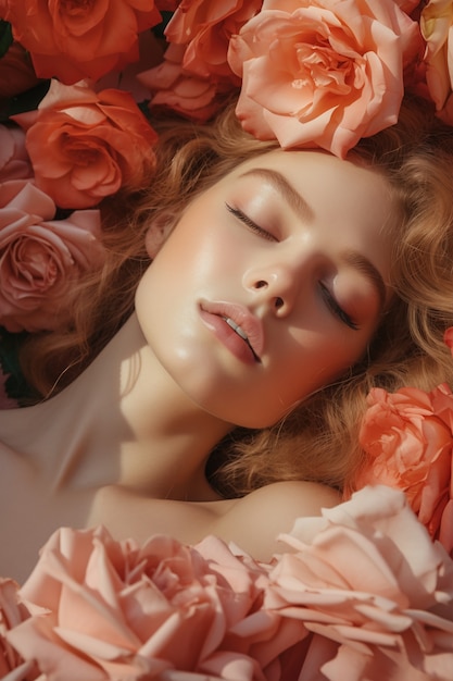 Top view young woman posing with roses