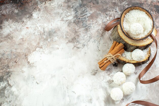 Top view yummy coconut candies on light background goodie color sweet cake holiday red love valentines day couple gift