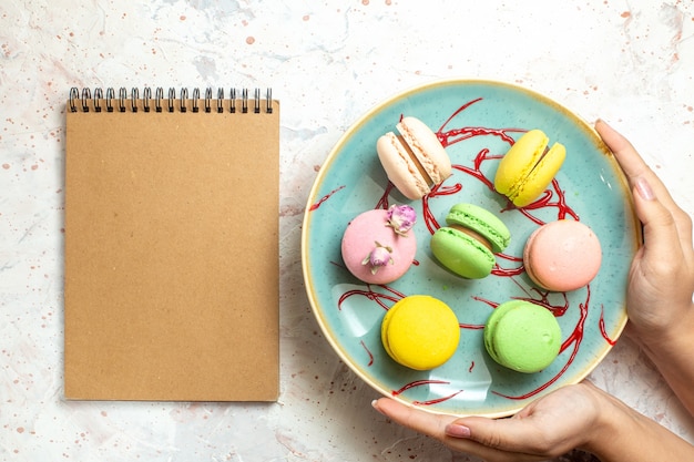 Top view yummy french macarons inside plate on white cake biscuits sweets