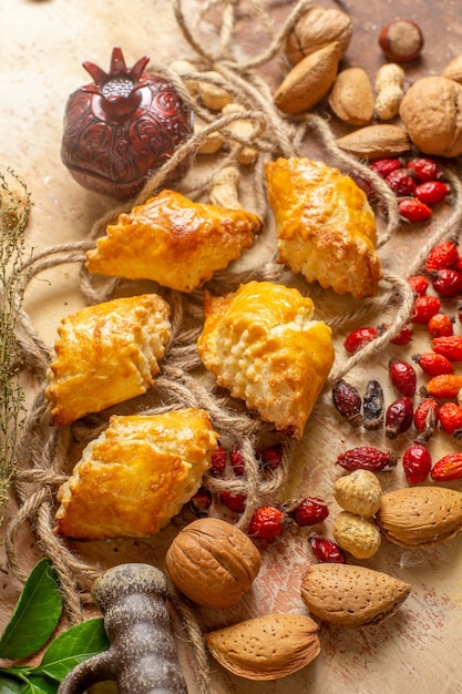 Top view of yummy nut pastries sweet cakes