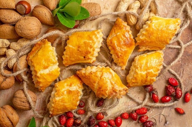 Top view of yummy nut pastries sweet cakes