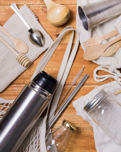 Top view zero waste assortment on wooden background