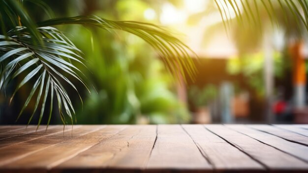 Top of a wooden table on a blurred background with a palm tree