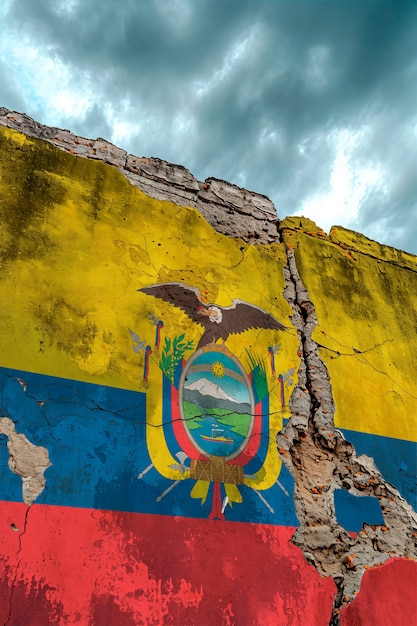 Torn and broken flag of ecuador on cement wall